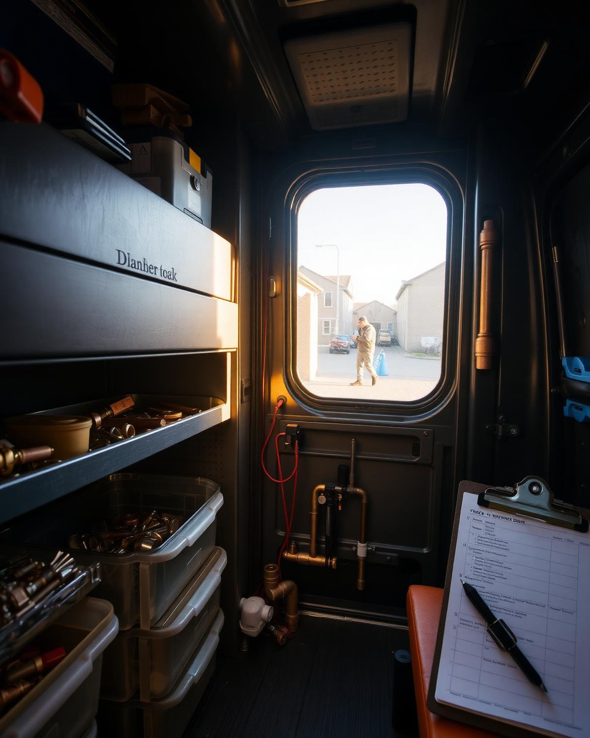 Interior of a Taylor Mechanical service van with organized parts bins and a work order